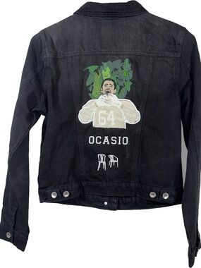 Bad Bunny Custom-Embroidered on Black Denim Distressed Jacket